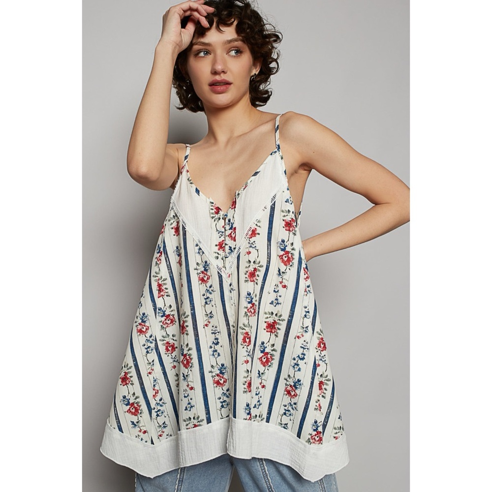 POL Ivory Floral Stripe Top | V Neck Sleeveless Flowy